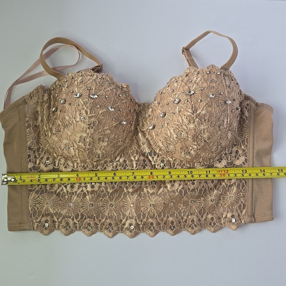 Windsor Daring Embellished Bra Beaded Corset Bustier Beige Crop Top Bling Sz M - Picture 10 of 11